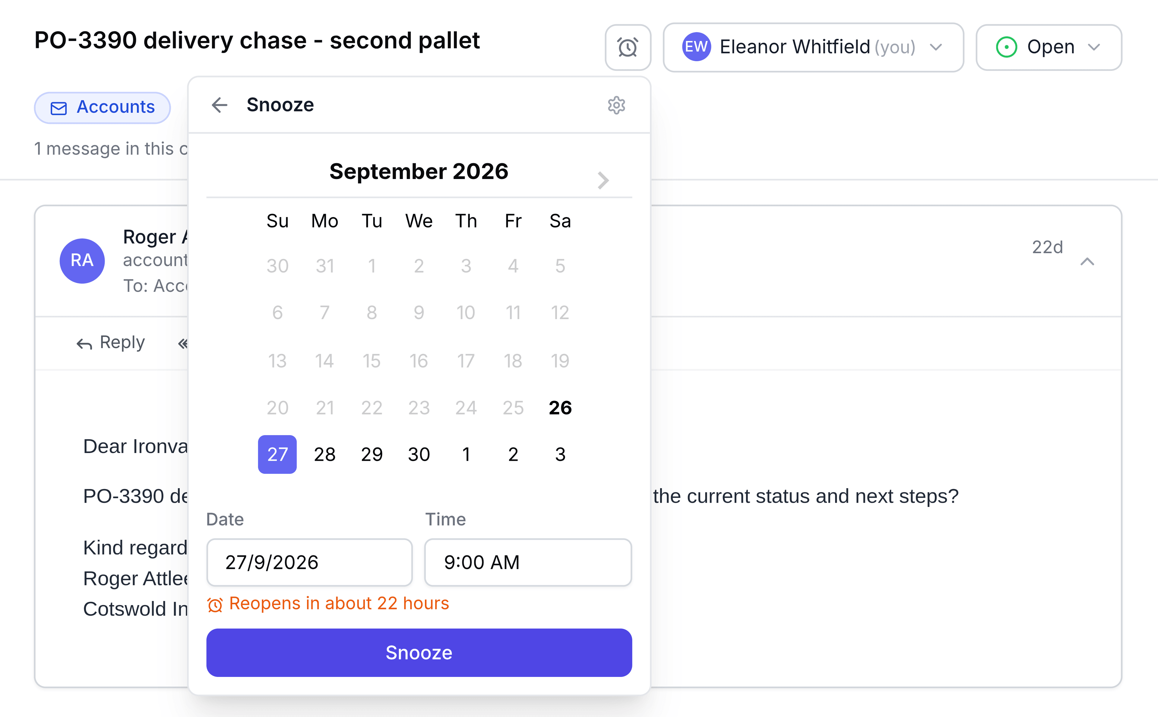 The Day and Time view of the Snooze panel: a September 2026 calendar with every day before today greyed out and 27 September selected, a Date field reading 27/9/2026, a Time field reading 9:00 AM, an orange line reading Reopens in about 22 hours, and a Snooze button across the bottom.