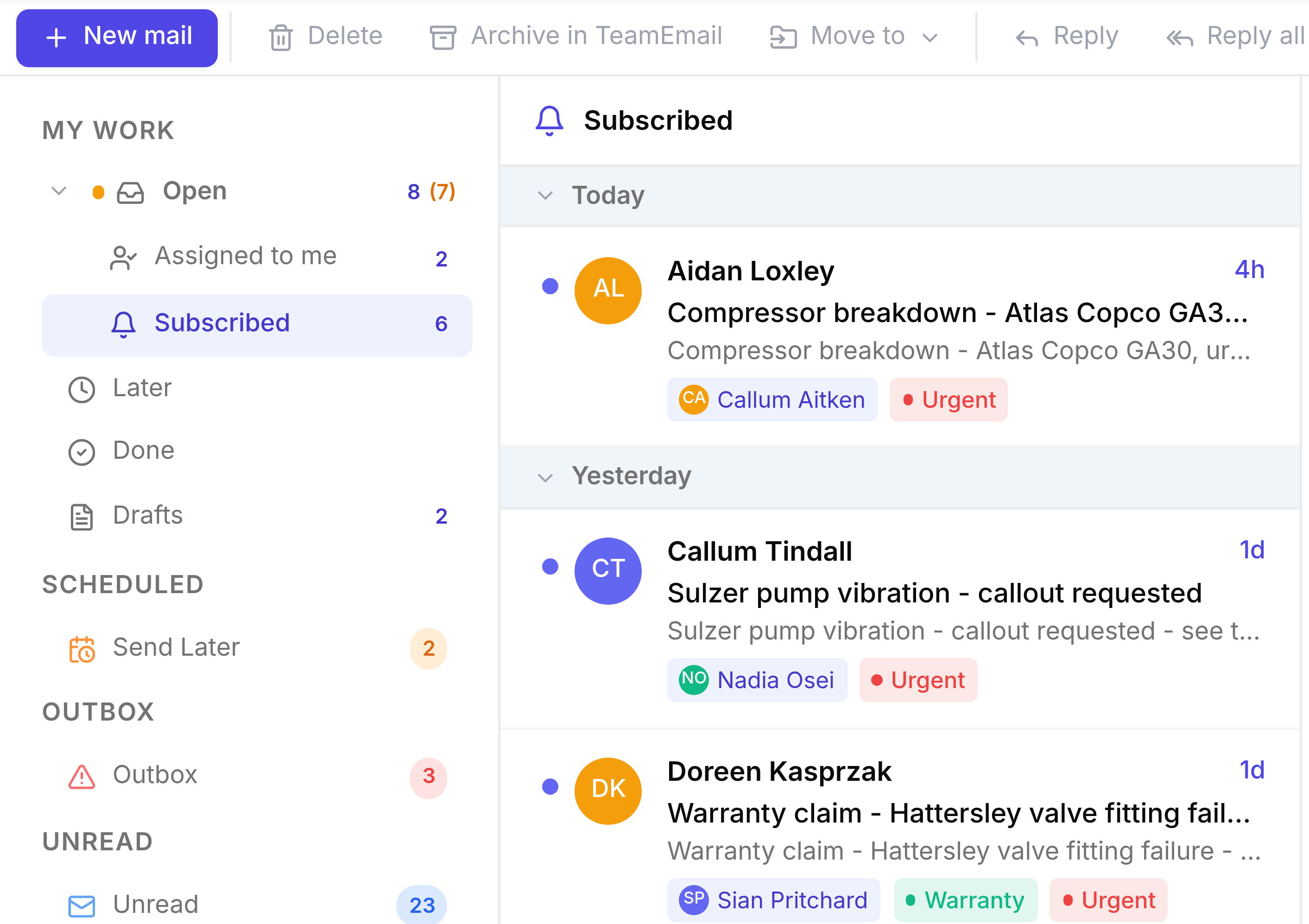 TeamEmail with Subscribed selected under Open, highlighted in the left sidebar. The list opens with conversations from today and yesterday, from Aidan Loxley, Callum Tindall and Doreen Kasprzak, each carrying a sender avatar, a subject, the person it is assigned to and coloured tags such as Urgent and Warranty.