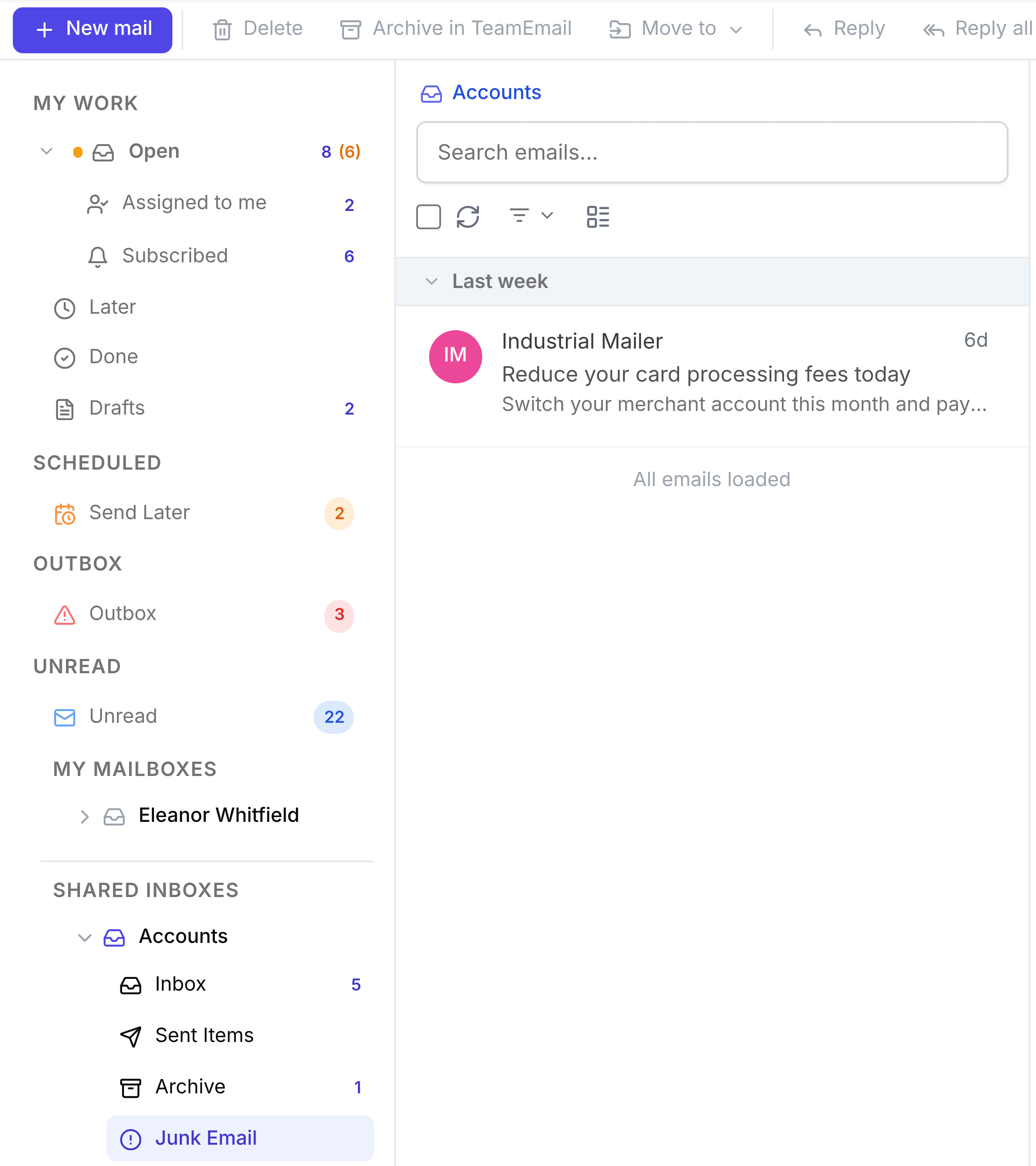 The Accounts shared inbox with Junk Email selected, listing a flagged marketing message offering reduced card processing fees.