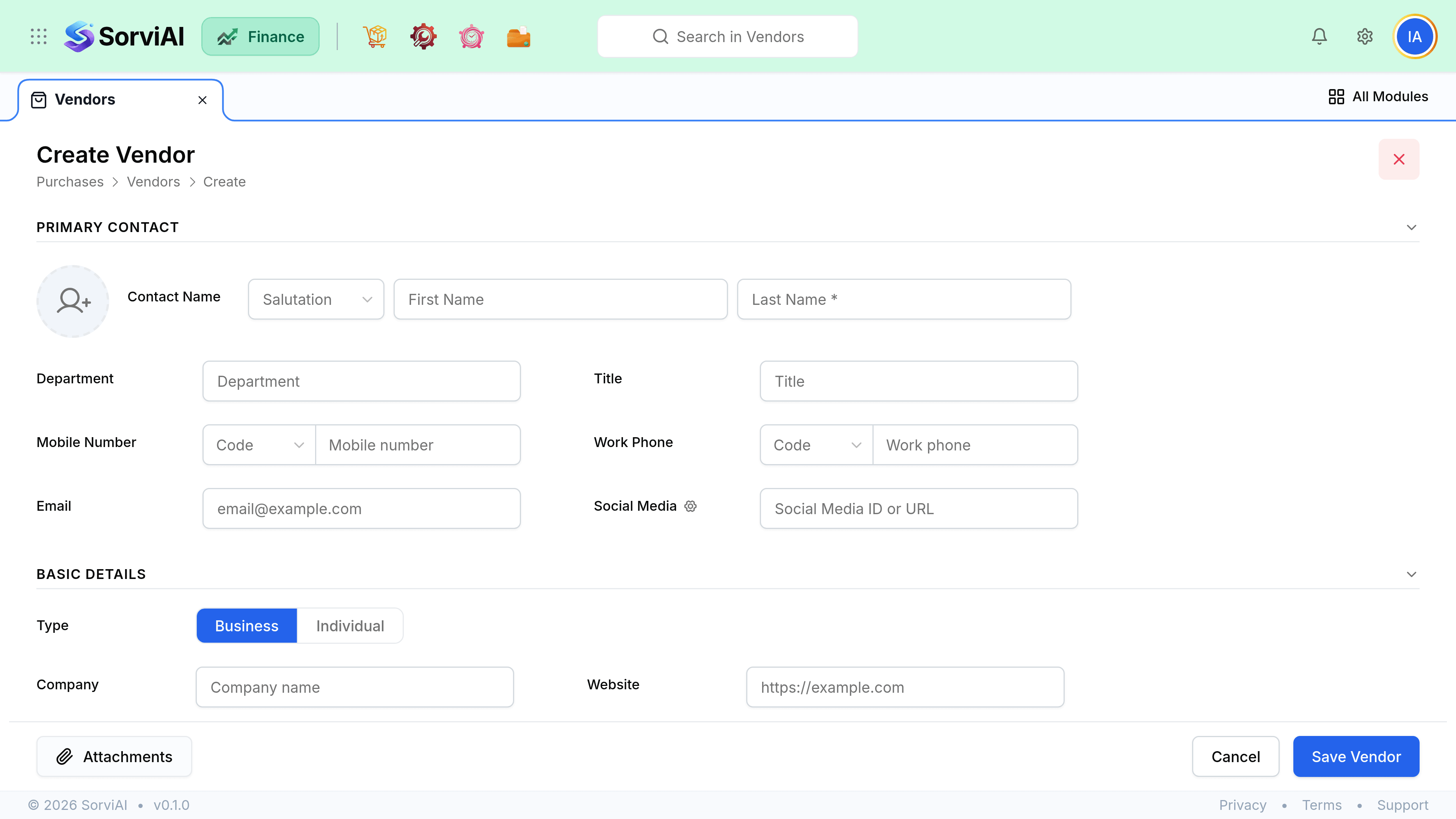 The Create Vendor screen, laid out in collapsible sections. Primary Contact holds contact name, department, title, mobile, work phone, email and social media. Basic Details holds a Business or Individual toggle, company, website and a required Display As field. Other Details begins with Tax Treatment set to VAT-UK and a VAT registration number. Save Vendor and Cancel sit in a bar along the foot.