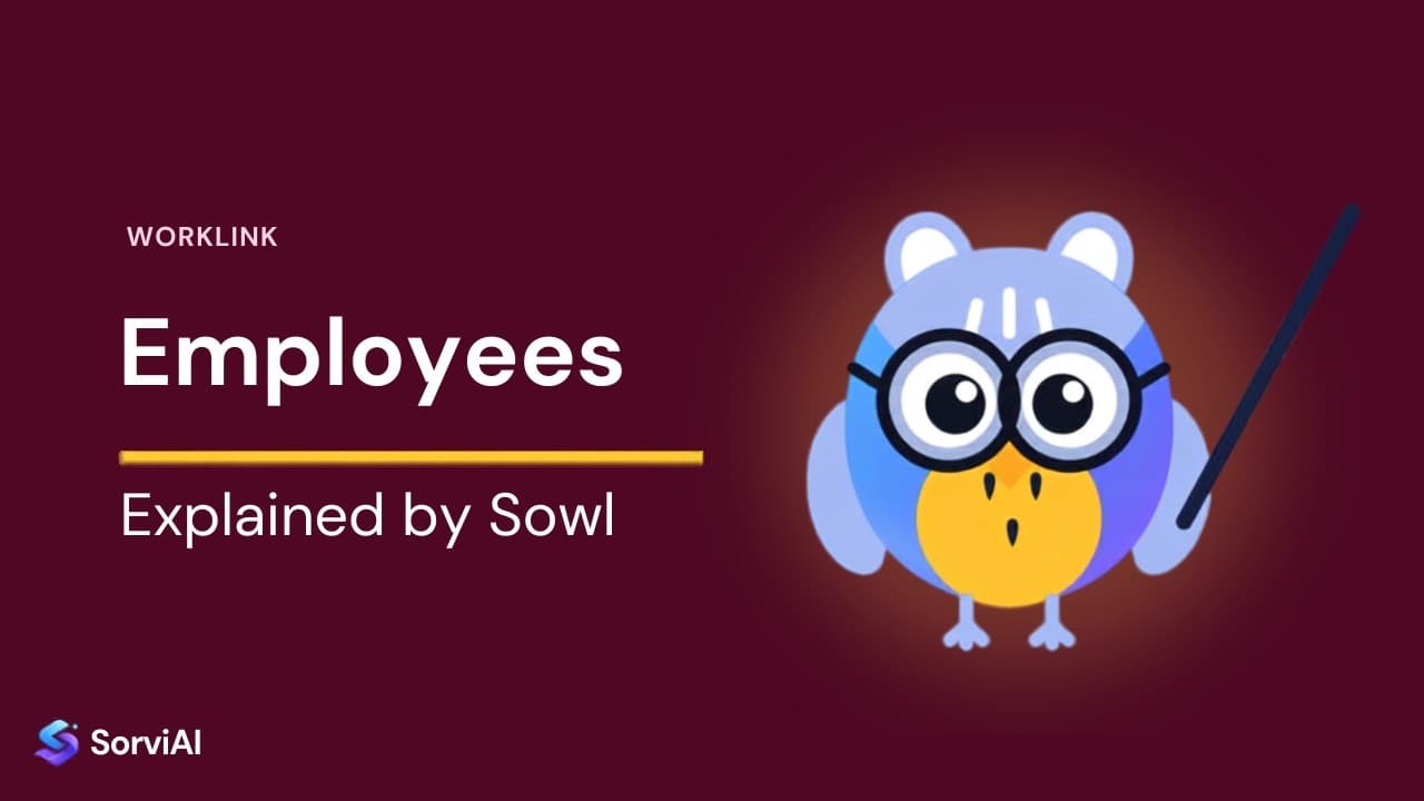 Employees in Worklink, explained by Sowl: the SorviAI tutor, a blue owl in round glasses holding a pointer.
