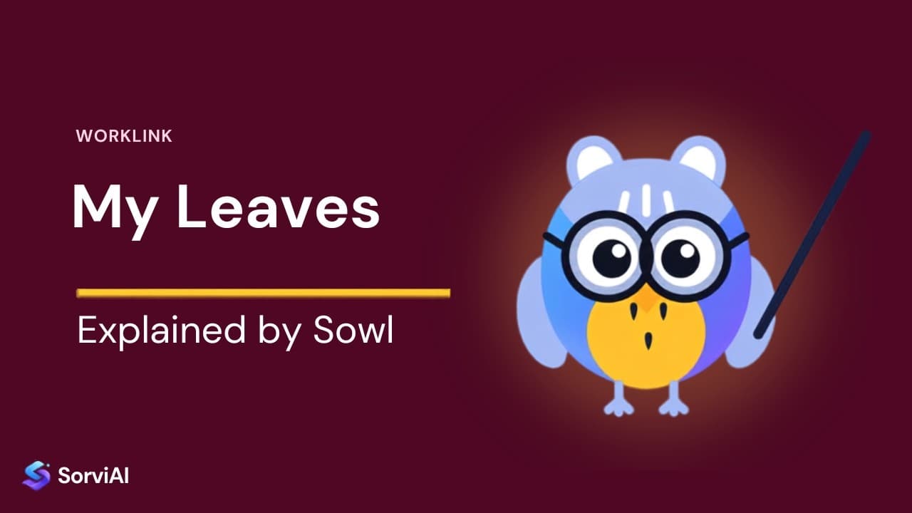 My Leaves in Worklink, explained by Sowl: the SorviAI tutor, a blue owl in round glasses holding a pointer.