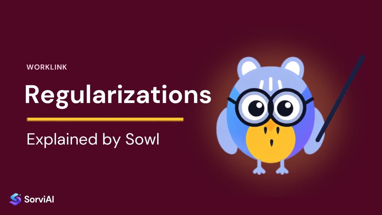 Regularizations in Worklink, explained by Sowl: the SorviAI tutor, a blue owl in round glasses holding a pointer.