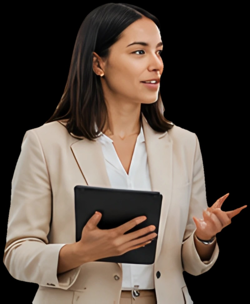 A business owner in a beige blazer holding a tablet and talking.