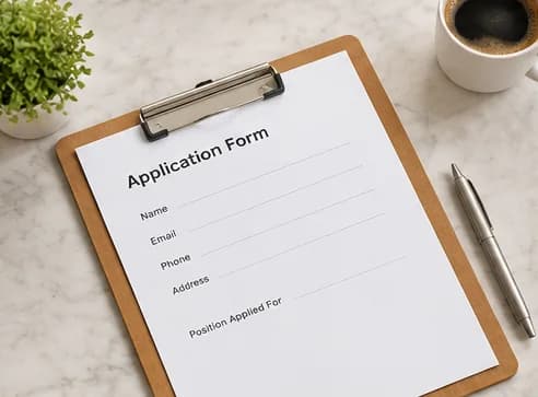 An application form on a clipboard beside a pen and a coffee.
