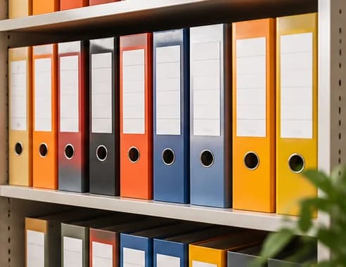 Rows of colourful ring binders on office shelves.