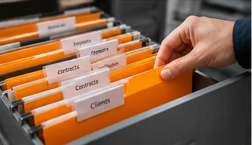 A hand reaching into a drawer of orange hanging files labelled Contracts, Reports and Clients.