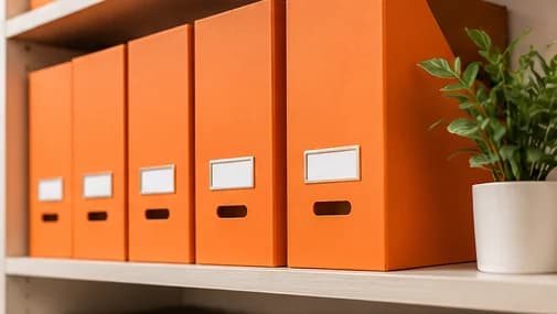 A row of orange magazine files on a shelf beside a plant.
