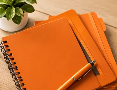 Orange notebooks and an orange pen on a wooden desk.