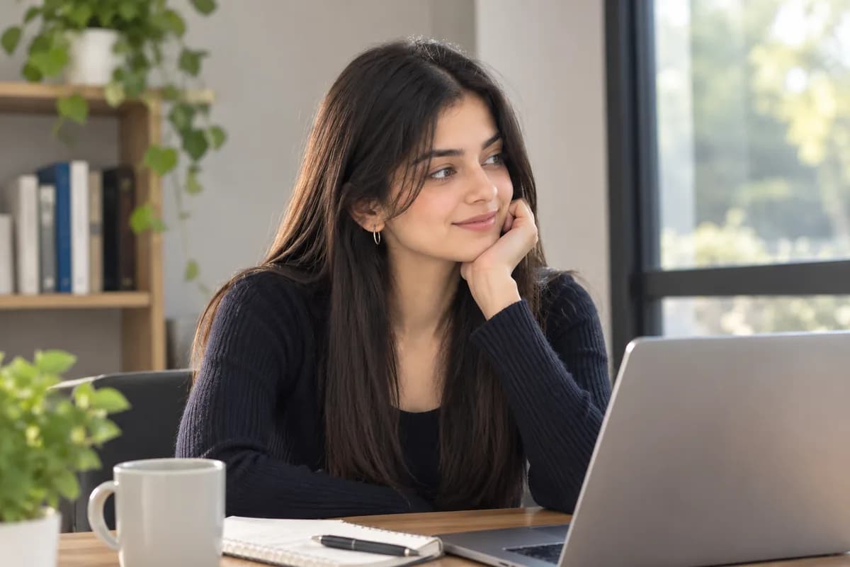 A woman at her desk with a laptop, resting her chin on her hand and smiling.