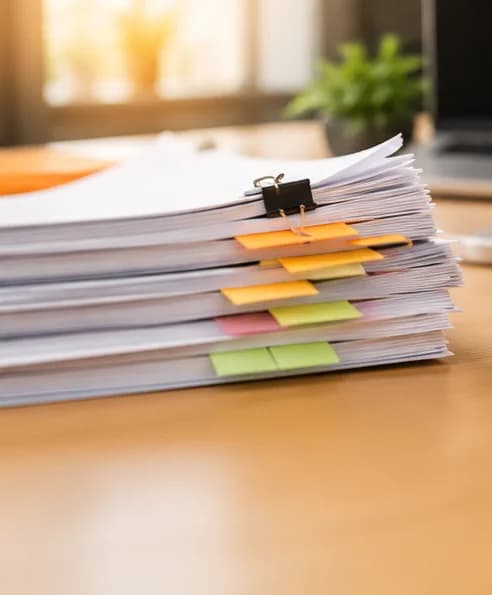 A tall stack of papers marked with coloured sticky tabs on a desk.