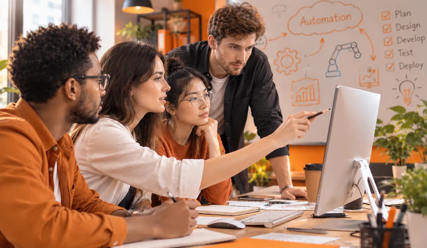 Four colleagues around a desk screen, one pointing at it, with a whiteboard plan behind them.