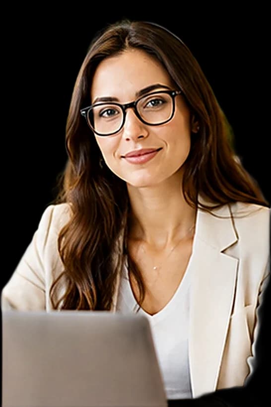 A woman in a cream blazer and glasses, smiling at her laptop.