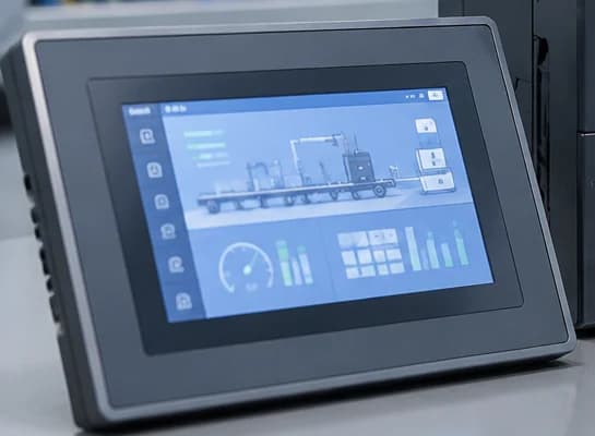 An industrial touch-screen panel showing a production line dashboard.