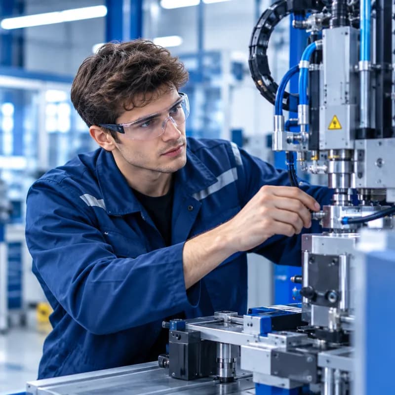 A technician in safety glasses adjusting a machine in a bright machine shop.