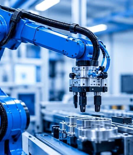 A blue robot arm with a pneumatic gripper over an assembly line.