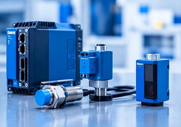 An industrial controller, a proximity sensor and two blue sensors on a steel bench.