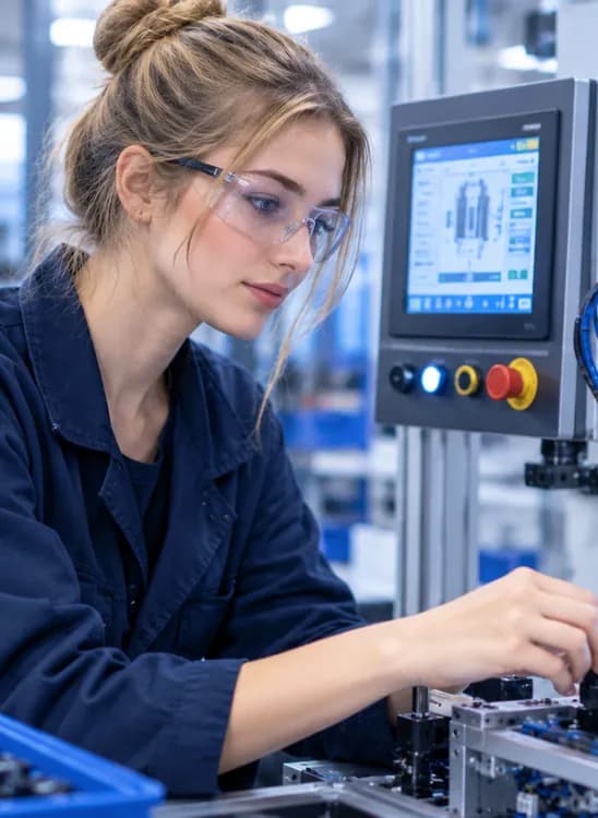 A technician in safety glasses fitting a part at a robotic assembly station.